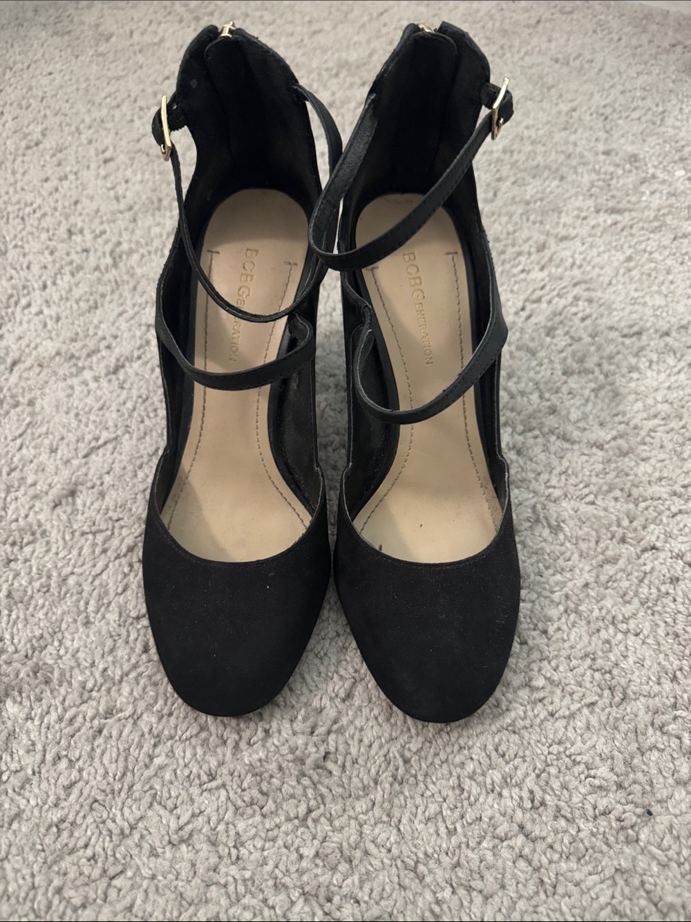 BCBGeneration Black Suede Strappy Ankle-Heel Pumps